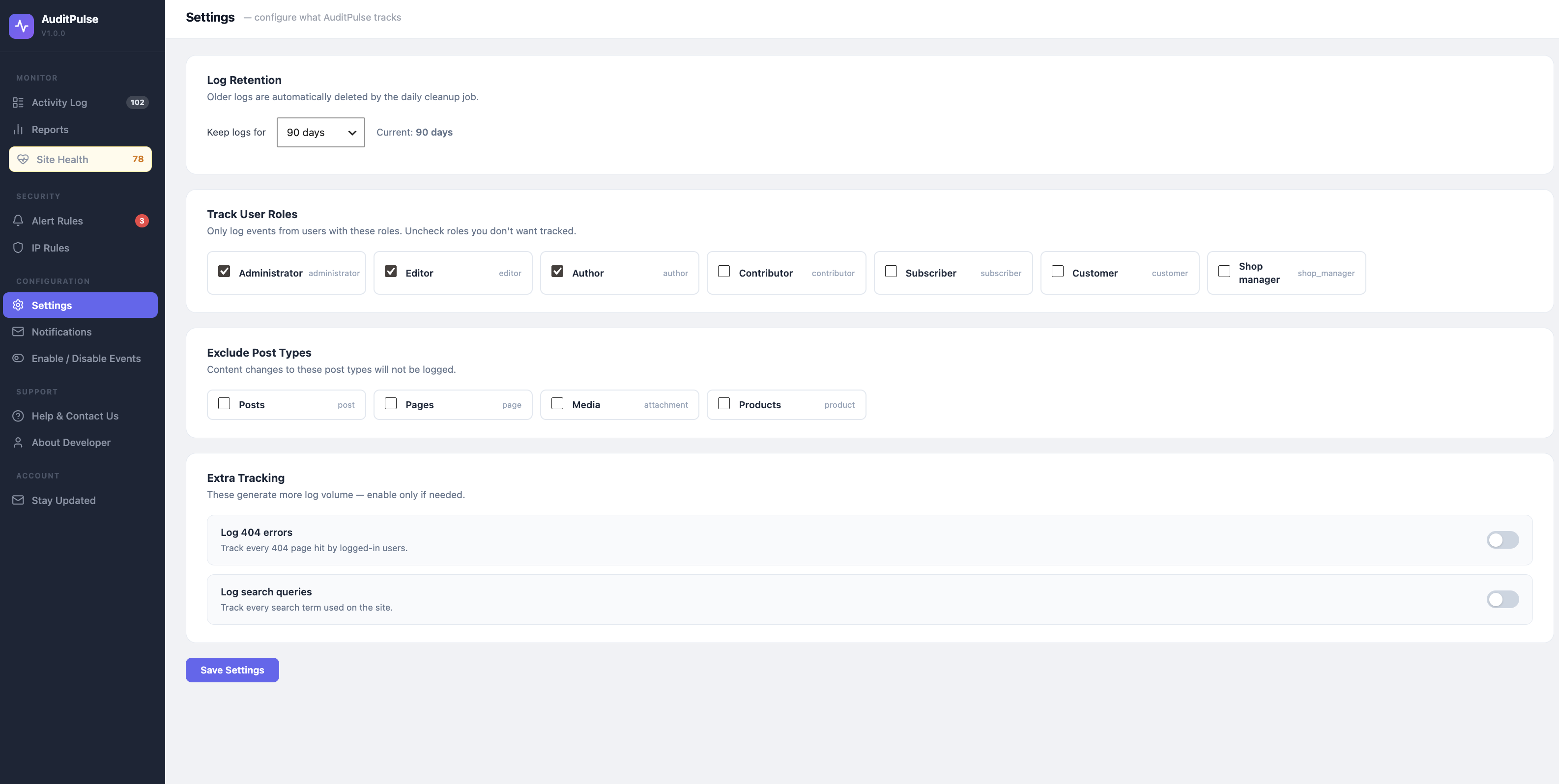 Settings page