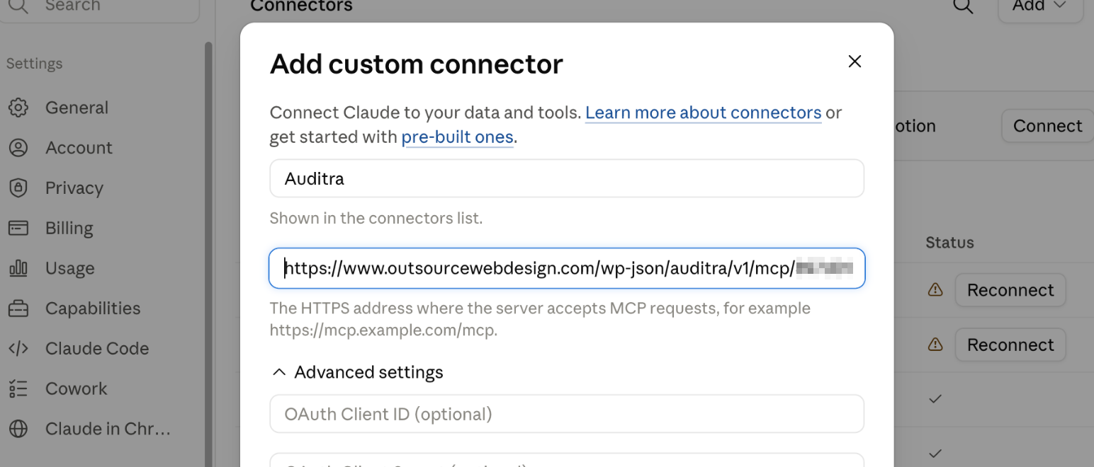 Adding Auditra to an AI client: paste the connection URL into a custom connector. No OAuth and no API key — the token in the URL is the credential.