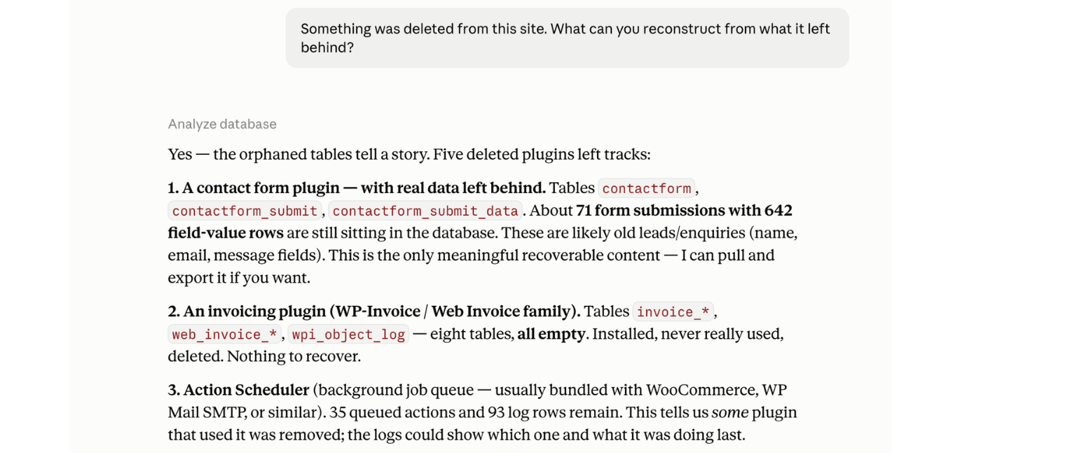 Reconstructing what was deleted from a site: orphaned tables, stranded rows, and leftover scheduled jobs, attributed to the plugins that left them behind.