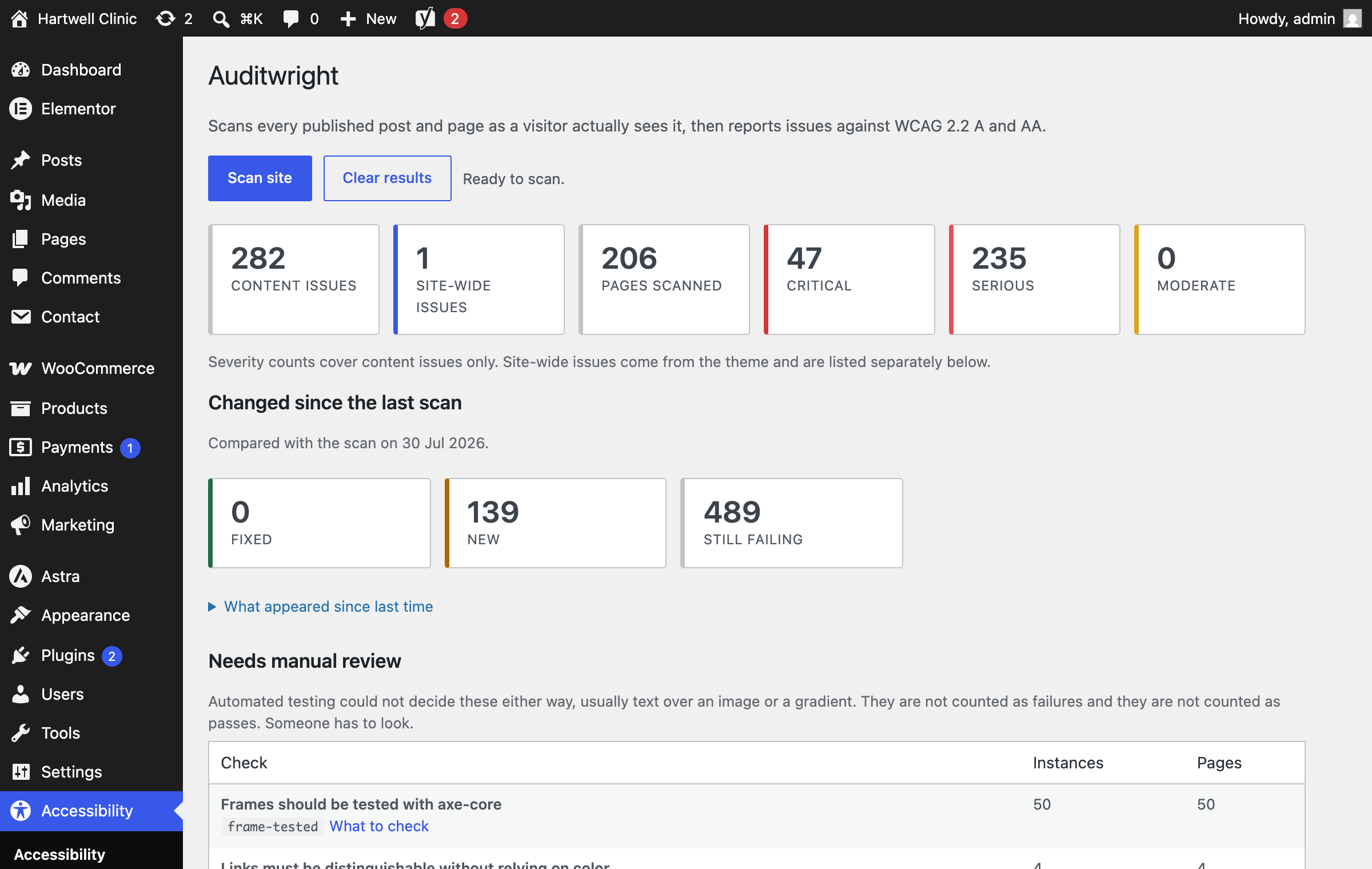 The dashboard. Severity counts cover content issues only, because one theme bug repeated on every page is one problem, not hundreds.