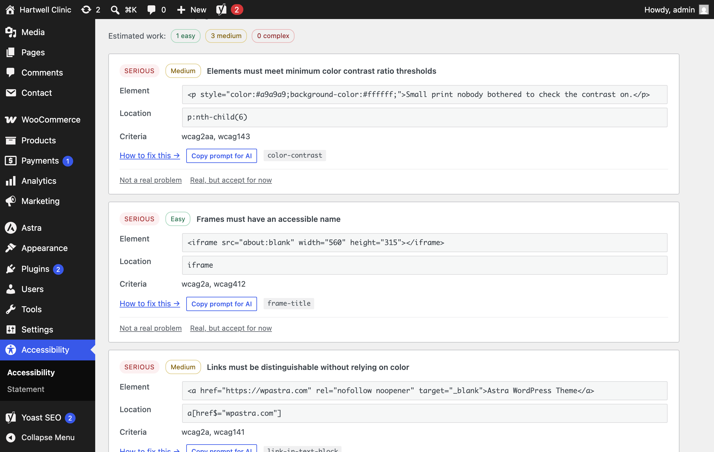 Per-page detail: the failing element, its selector, the criteria it breaks, a paste-ready prompt for an AI assistant, and the two ways to set a finding aside.