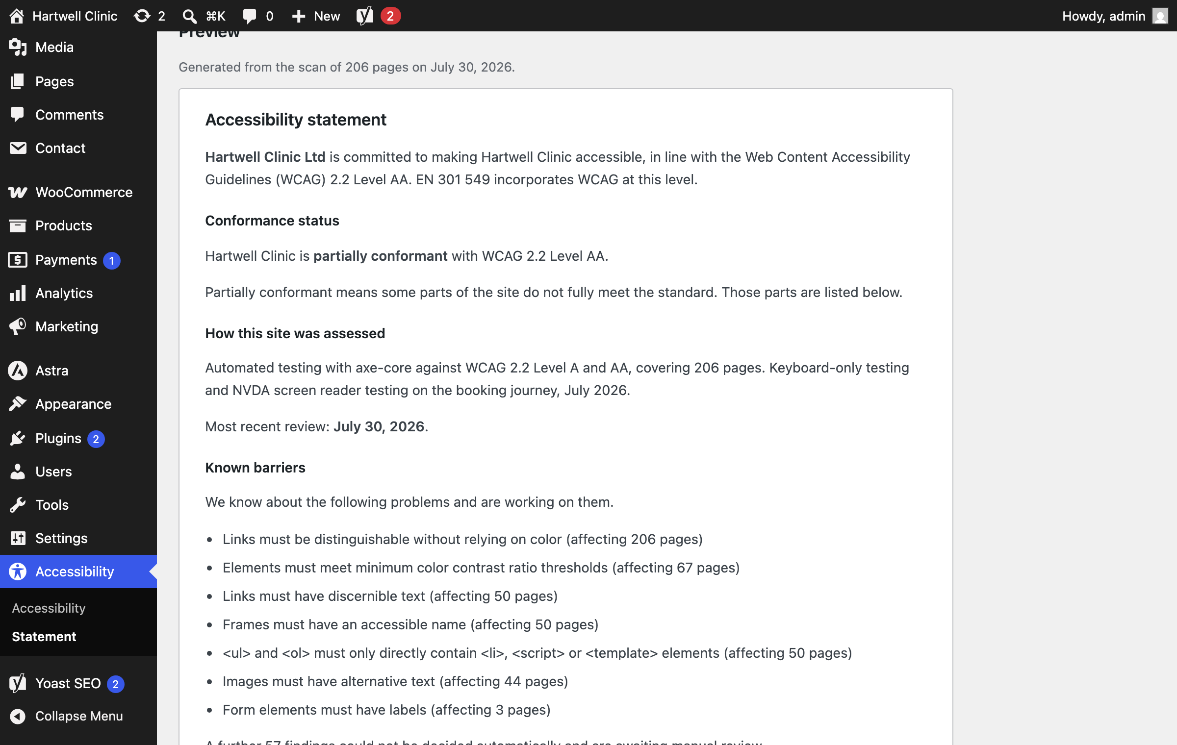 The accessibility statement, written from the last scan rather than from a form, with the assessment method, the date, and the barriers still outstanding.
