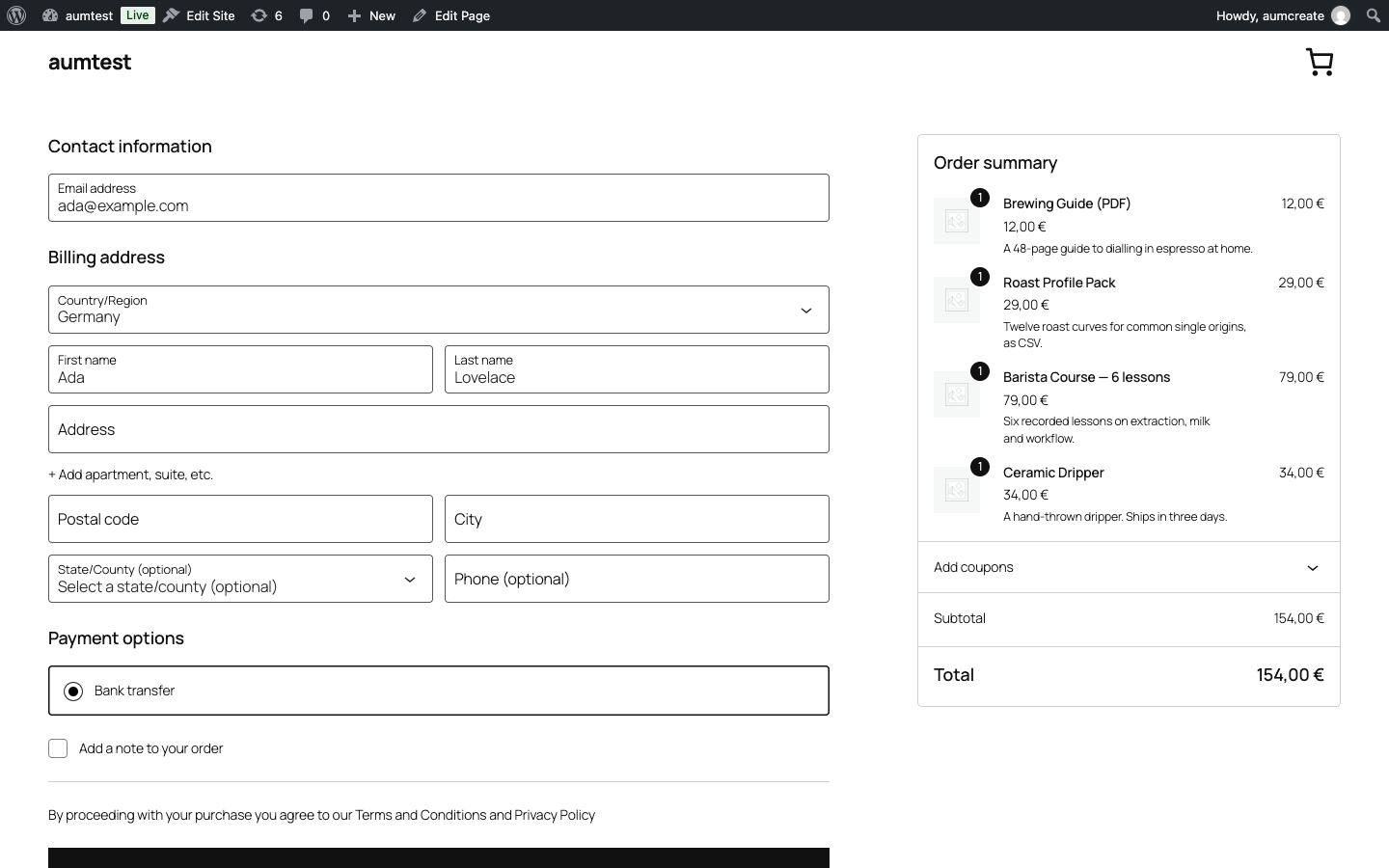 Add one physical item to the same cart and the checkout is WooCommerce's own again, address fields and all.