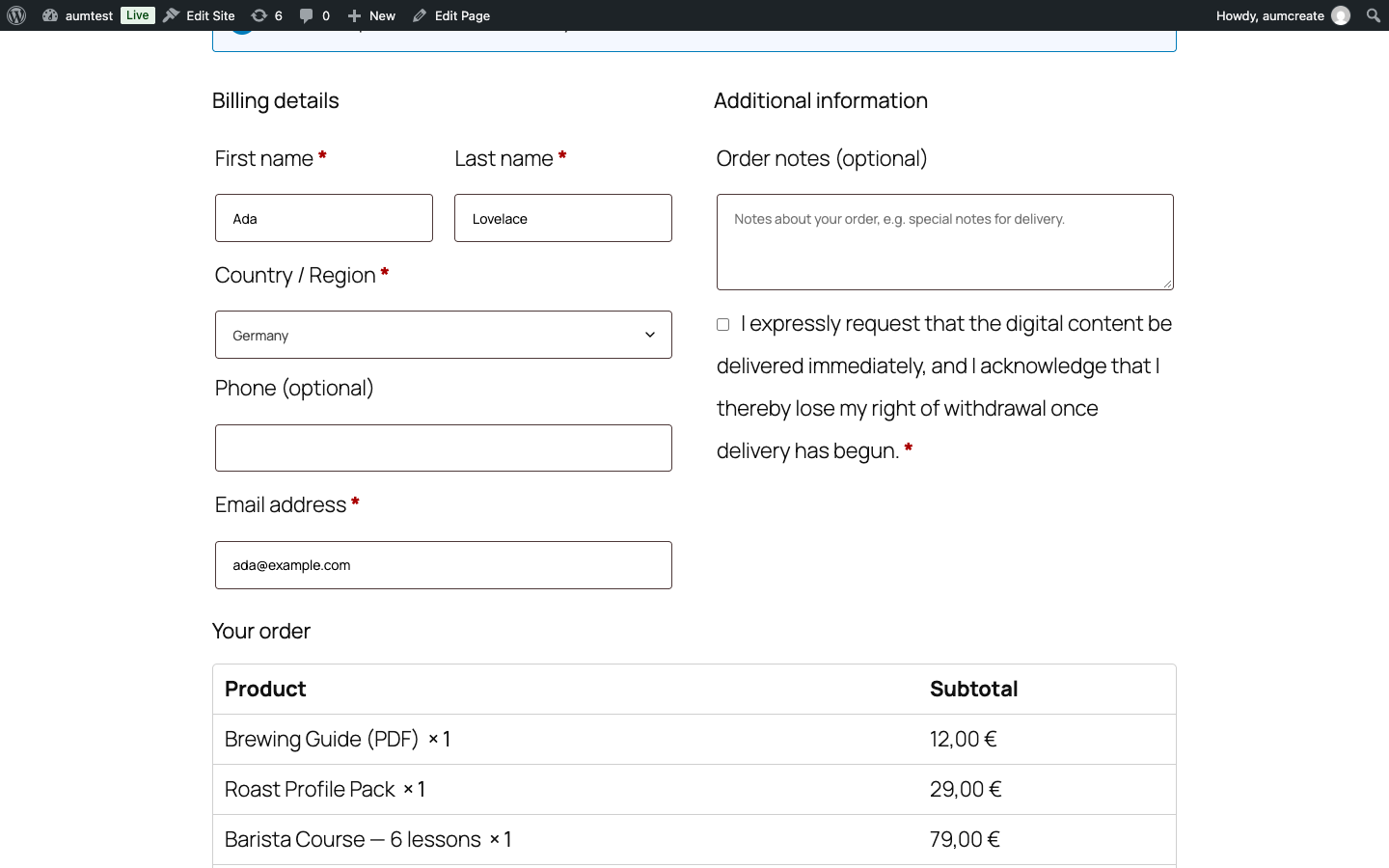 The shortcode checkout behaves identically — the two checkouts are separate code paths in WooCommerce.