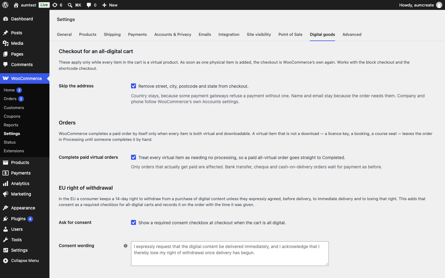 Three switches, on WooCommerce's own settings screen. Nothing else to configure.