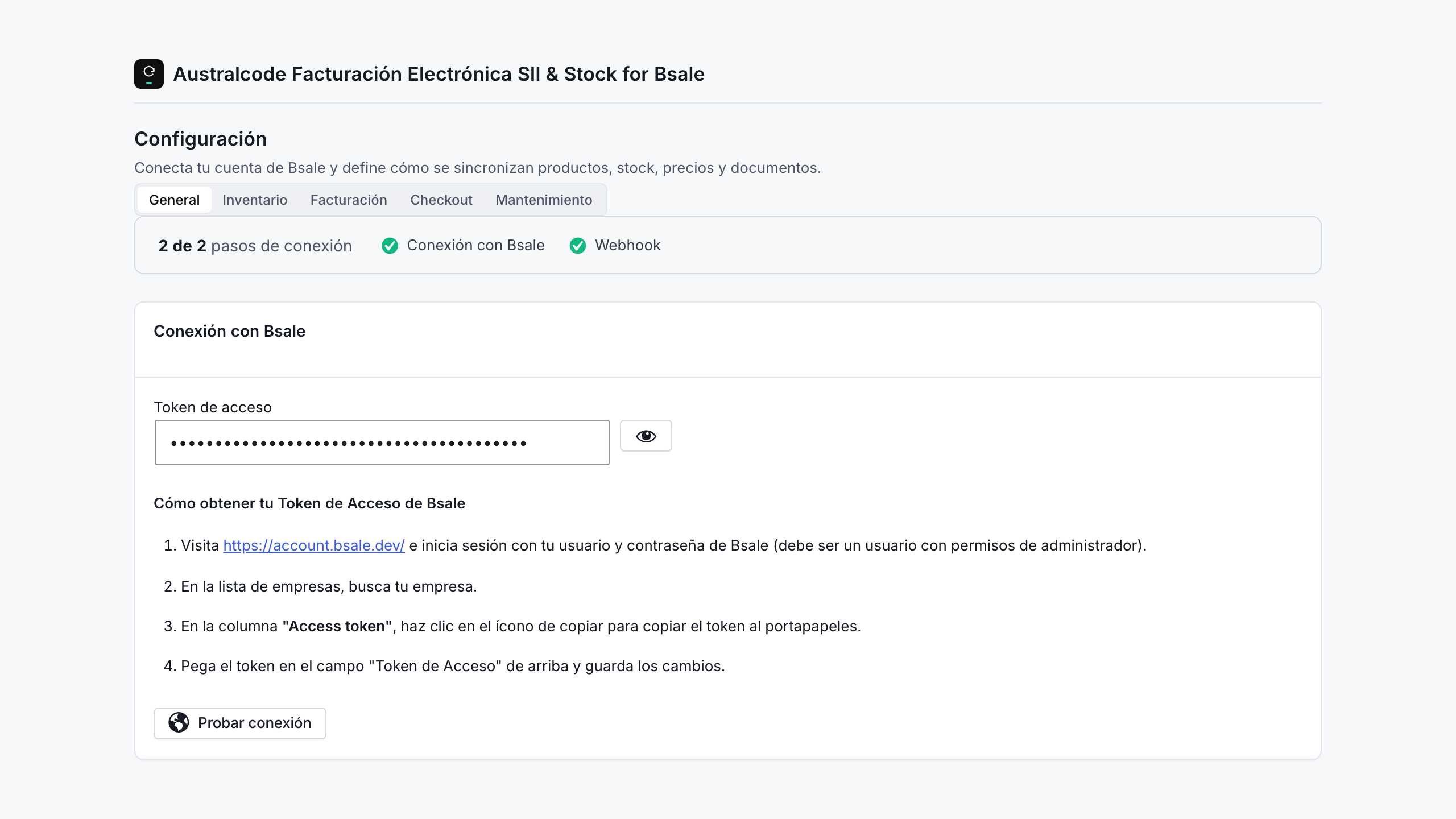 Configuration page with Bsale API connection, default office, and document type preferences.