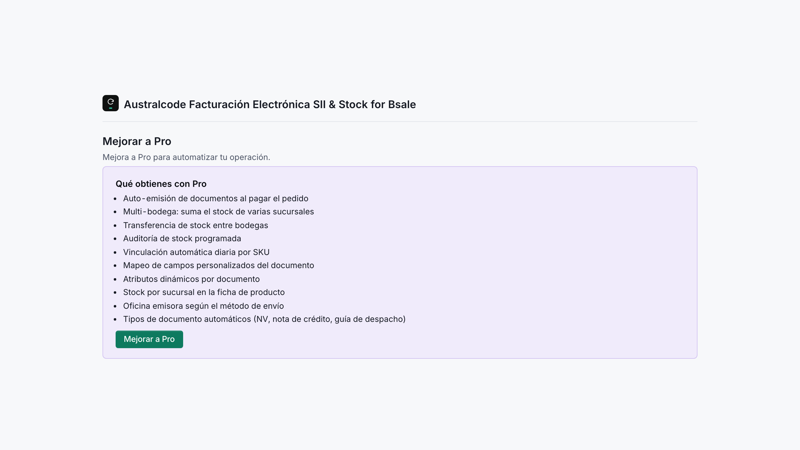 Upgrade page showing the Pro features (Bsale → Mejorar a Pro).