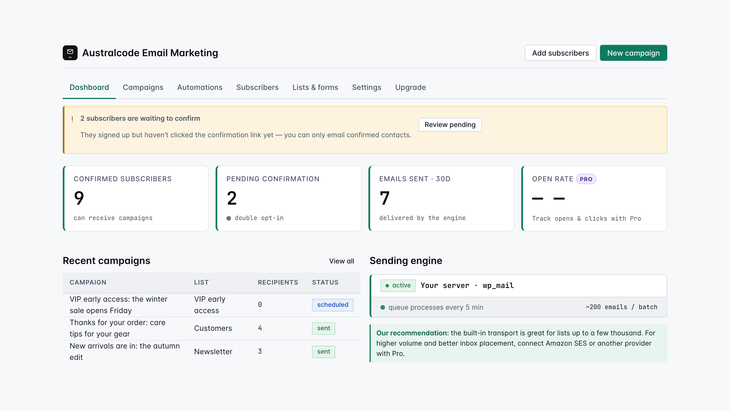 Dashboard — confirmed subscribers, pending double opt-in confirmations, and the sending engine at a glance.