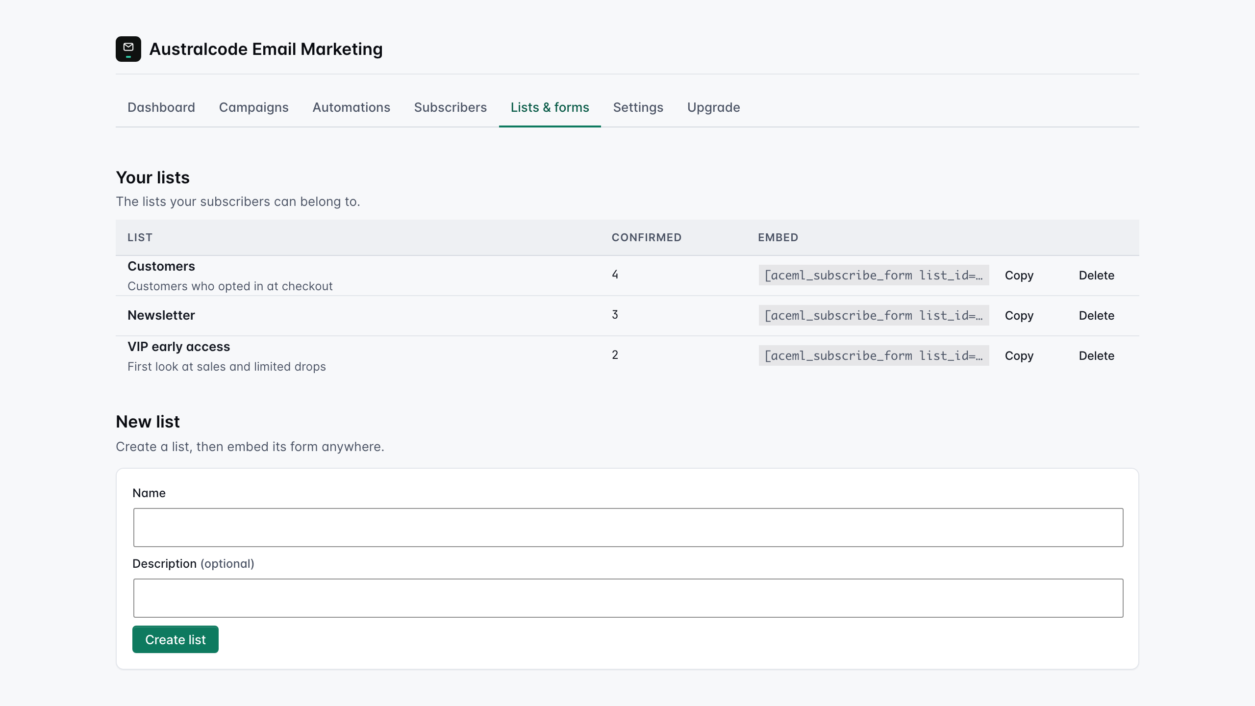 Lists & forms — create lists and embed the subscribe form with a shortcode, block, or widget.