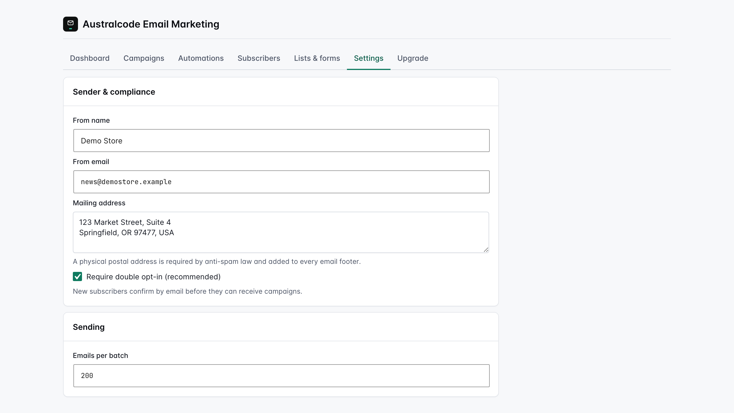 Settings — sender identity, the physical mailing address for the footer, double opt-in, and batch size.