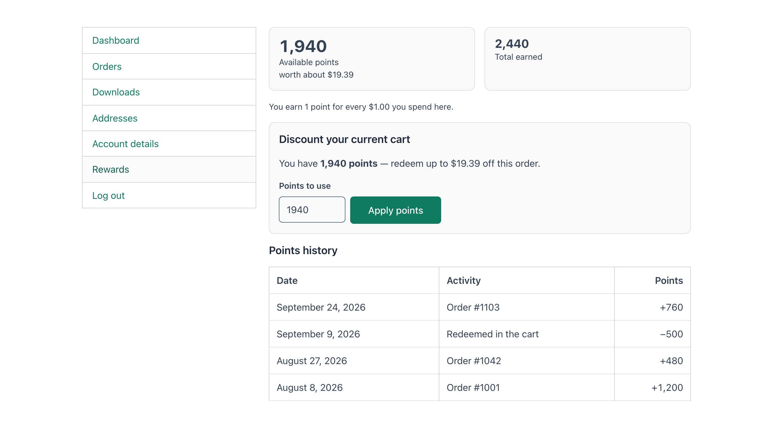 My Account rewards area — customers see their balance, redeem points straight onto the current cart (no coupon code involved) and review their full earn/redeem history.
