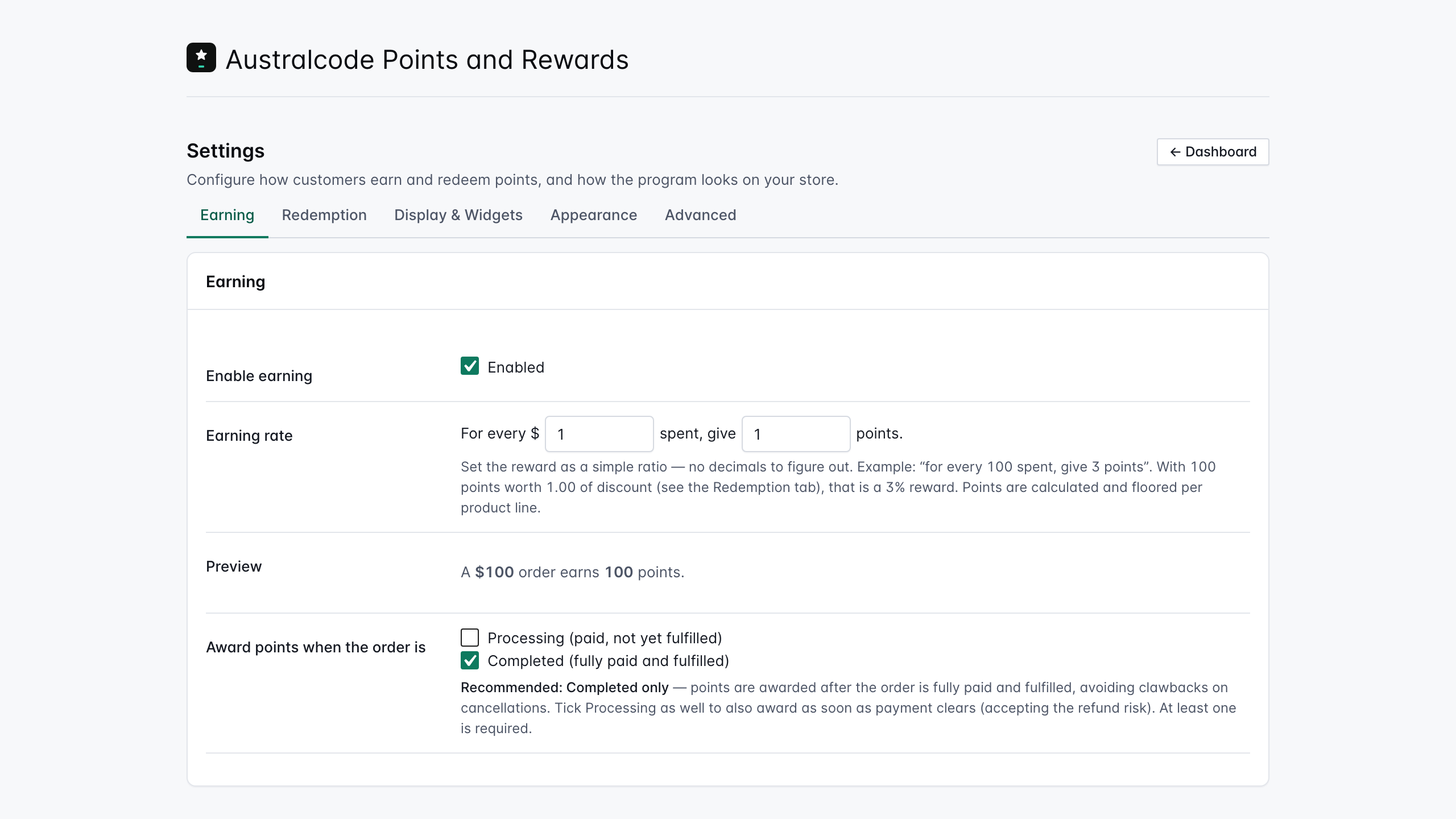Settings — configure earning, redemption and display, with inline guidance and a recommendation for each non-obvious option.