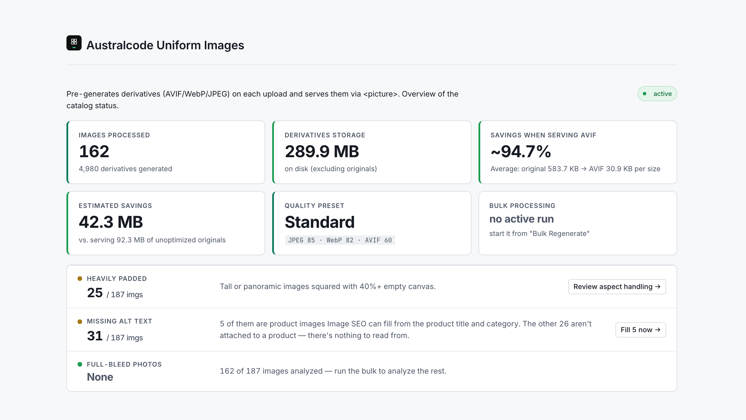 Dashboard — catalog metrics: processed images, generated derivatives, storage used, % savings when serving AVIF vs original, active quality preset, current bulk run, plus at-a-glance counts of images missing alt text, heavily padded, and full-bleed.