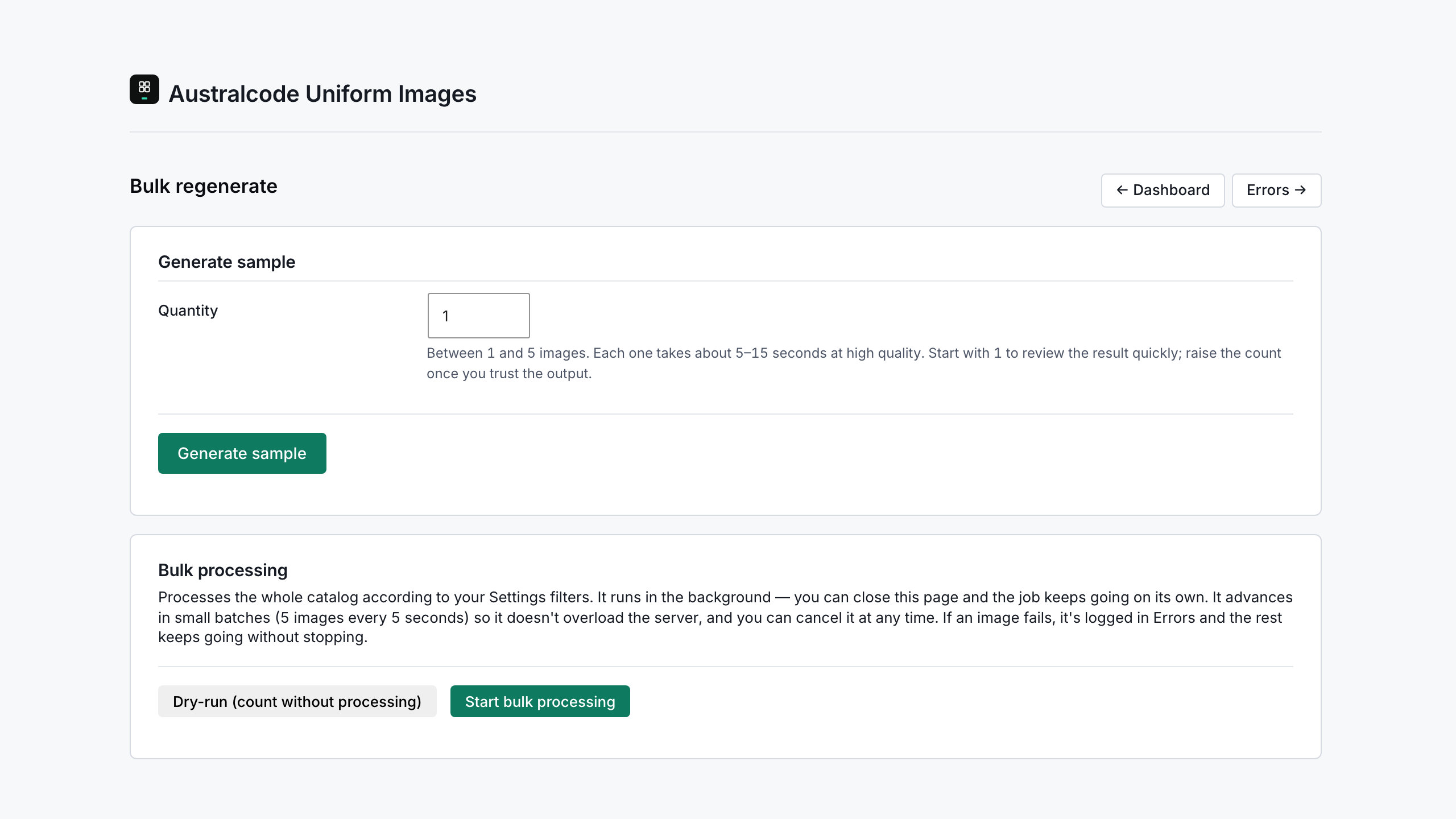 Bulk regenerate — test a sample of 1–5 images first, then process the whole catalog in the background, in small batches you can cancel at any time.