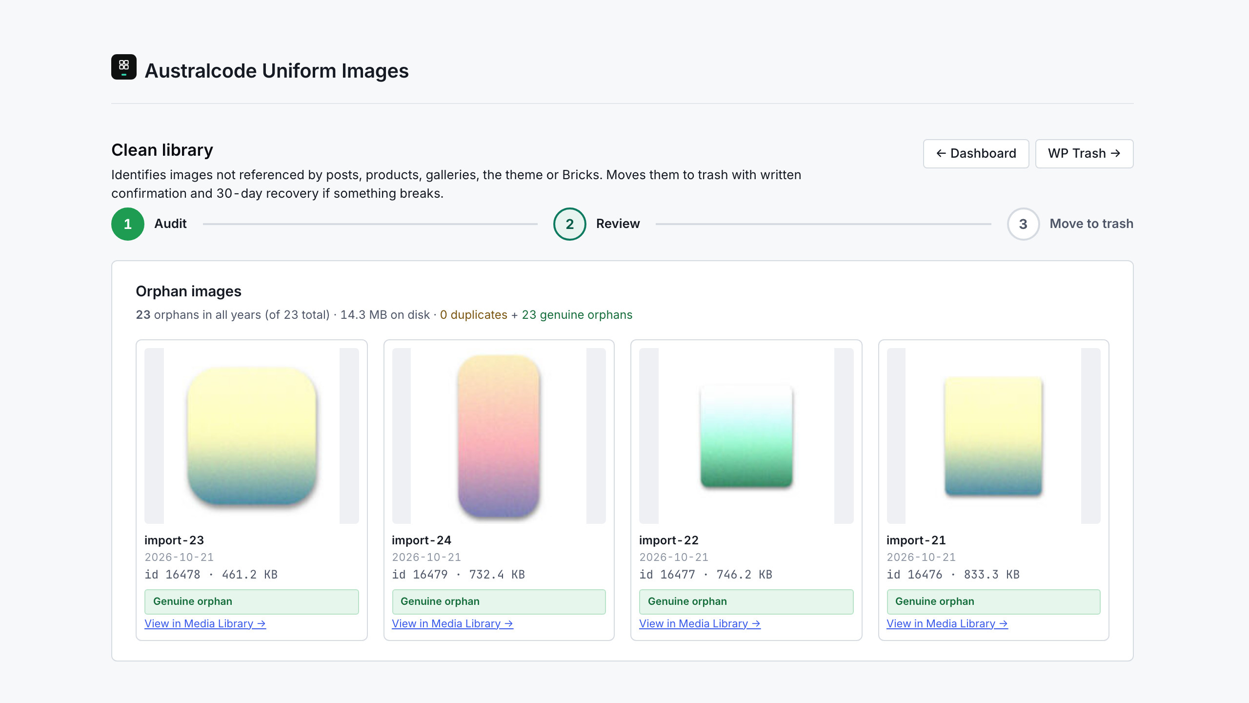 Clean library — orphan image audit with Bricks Builder + wp_termmeta + WooCommerce shortcodes detection. Trash mode with typed confirmation and audit log. This screen ships with the Pro license; it is not part of the free download.