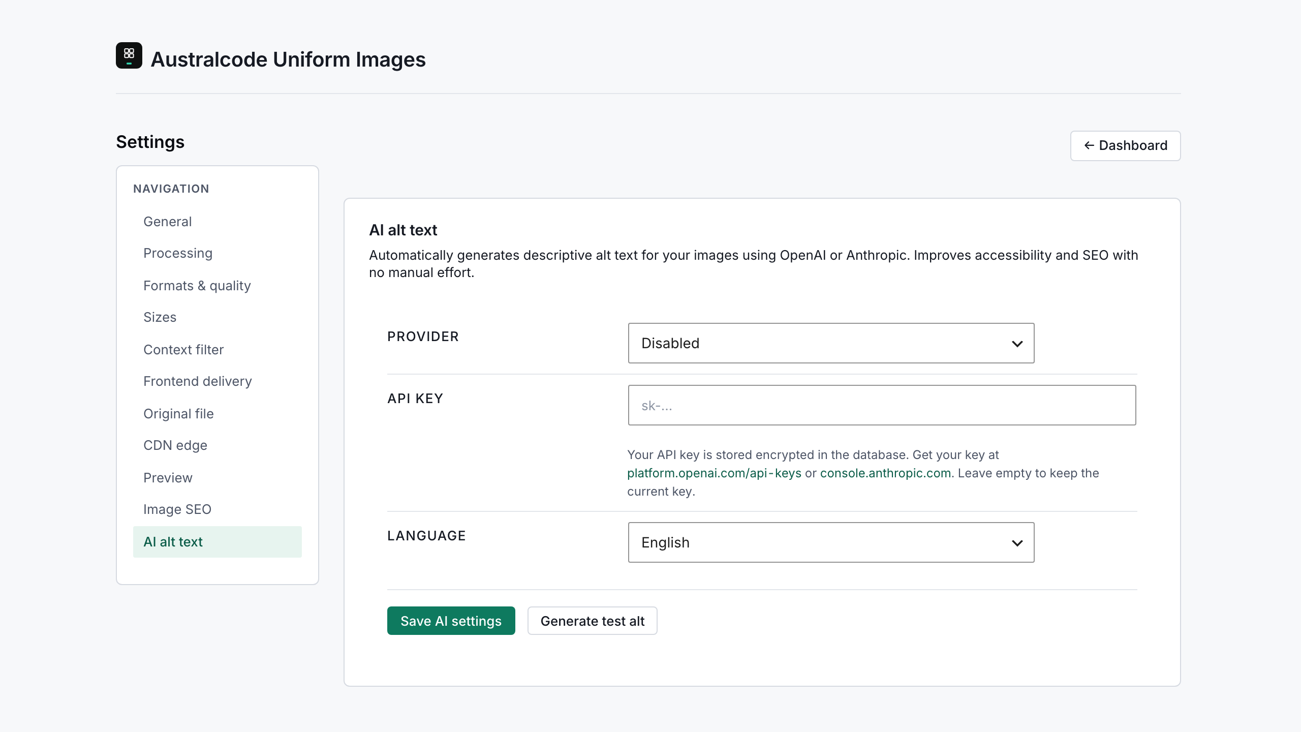 AI Alt Text (Pro, BYOK) — generate accessible alt text per image via OpenAI or Anthropic Vision, enriched with the WooCommerce product title, category and brand. Your own key, no markup.