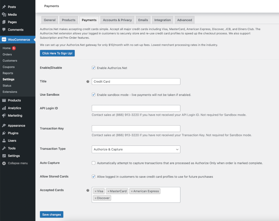 Payment Gateway Authorize.Net CIM for WooCommerce