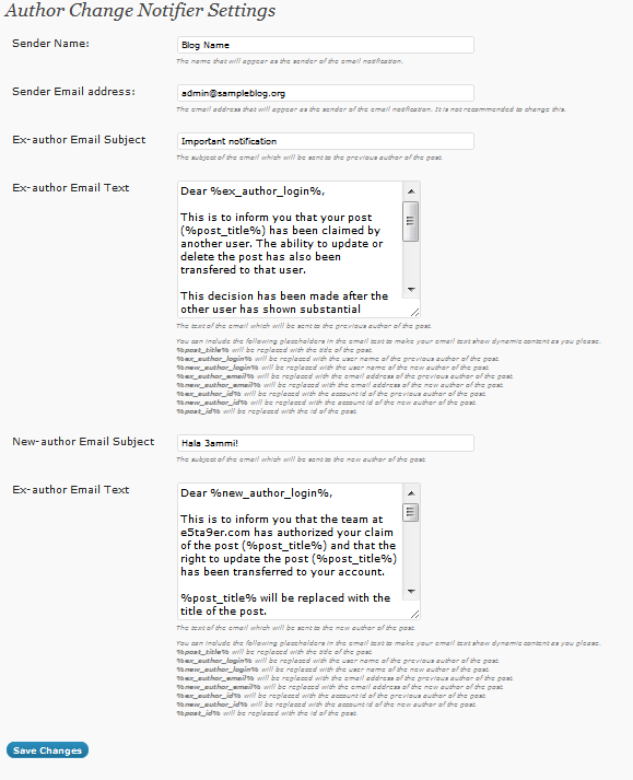 Author Change Notifier settings