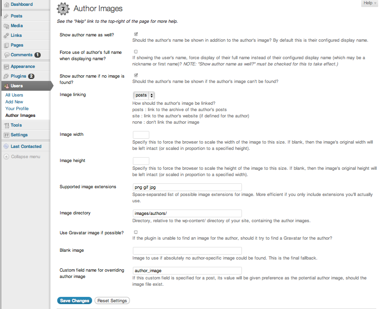 A screenshot of the plugin's admin options page.