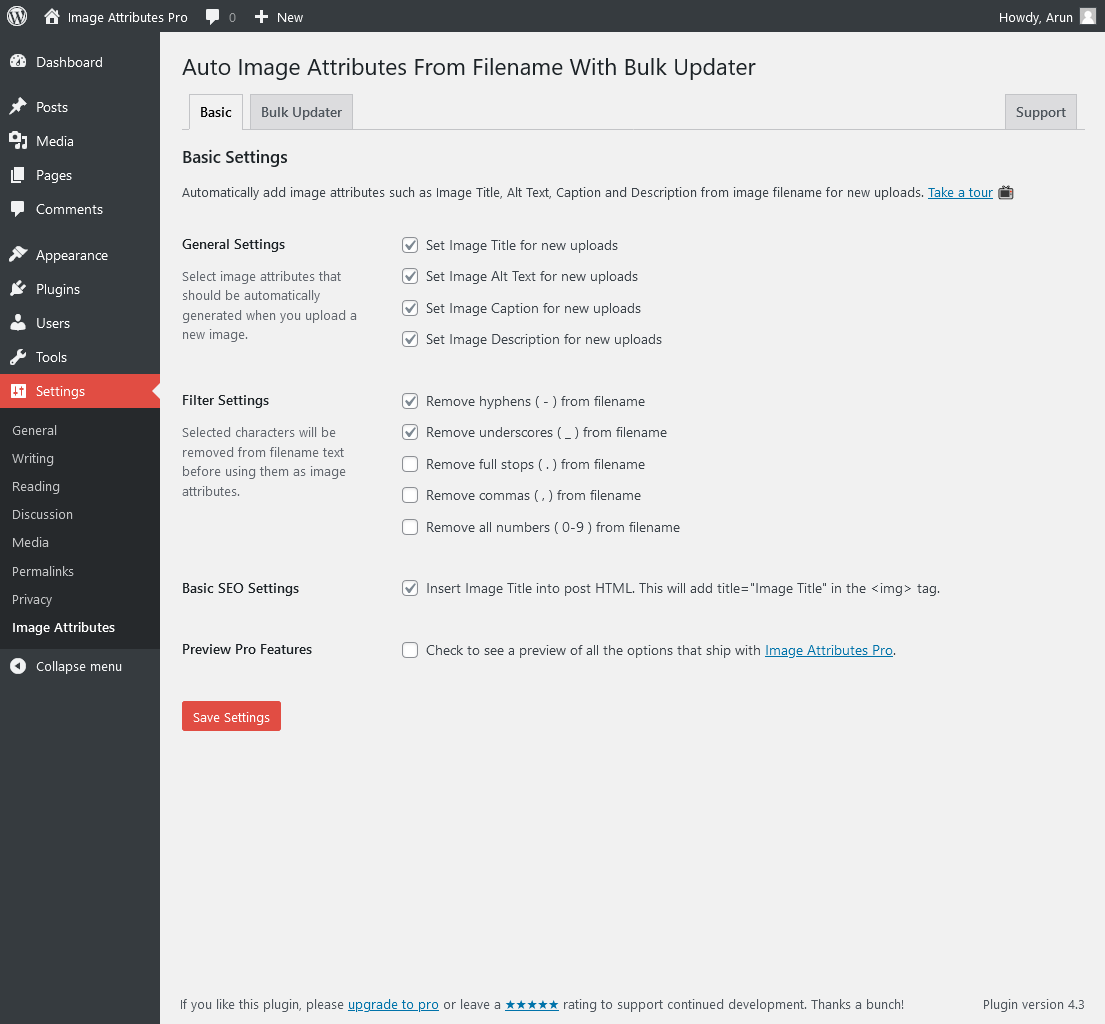 The settings page in WordPress Admin > Settings > Image Attributes with default settings.