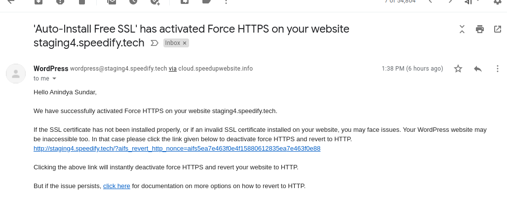 Automated email with a link to revert to HTTP