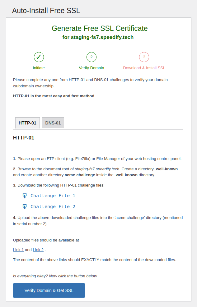 Second step: verify the domain by uploading the challenge files