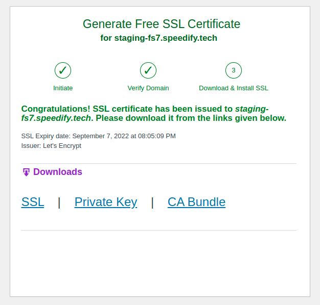 Final step: download the generated SSL files and install them on the server