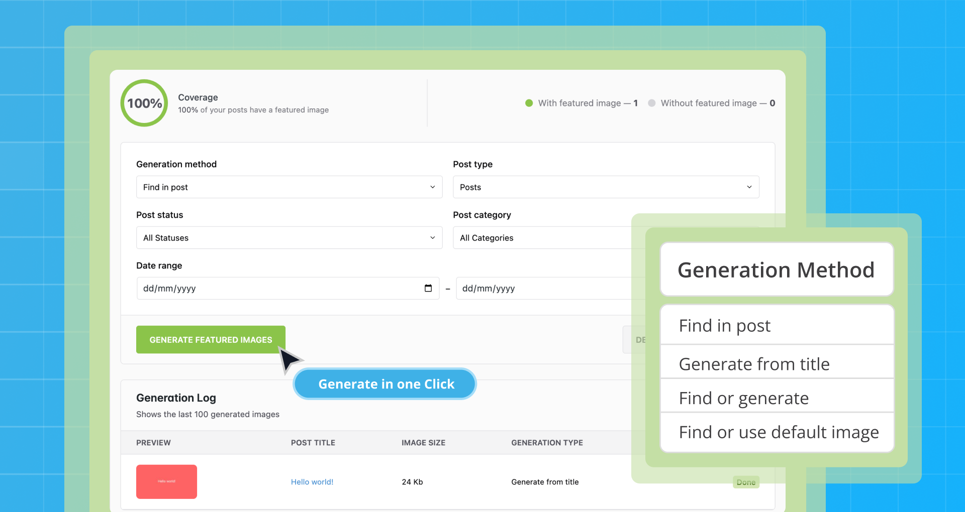 Dashboard overview with coverage and generation controls.