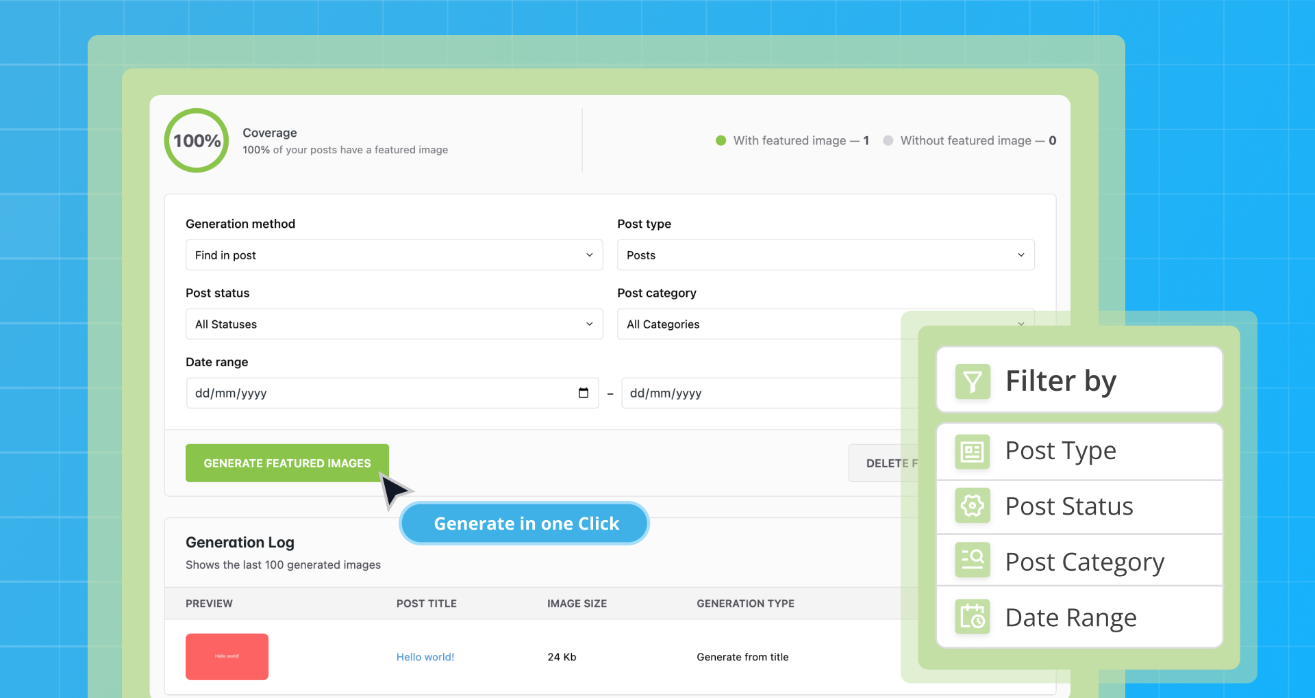 Filter posts by type, status, category, and date range.