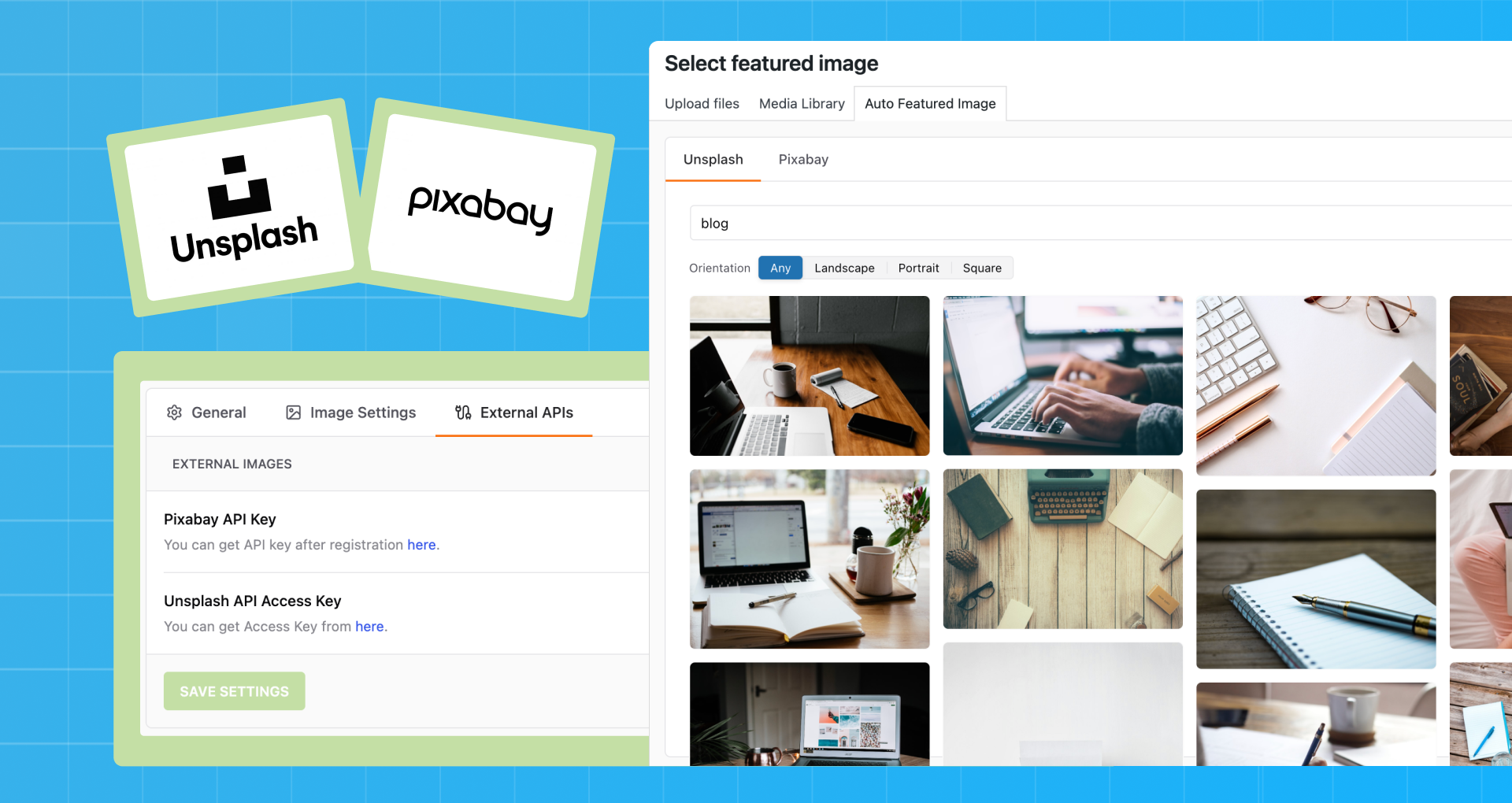 Unsplash and Pixabay integration inside the Media modal.