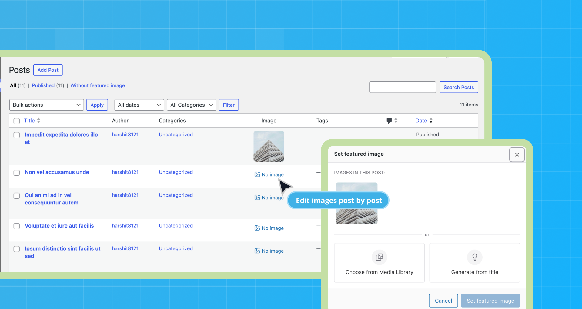 Edit featured images directly from the Posts list.