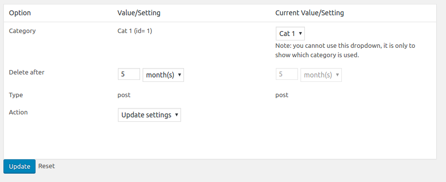 All options, you can update or delete each setting