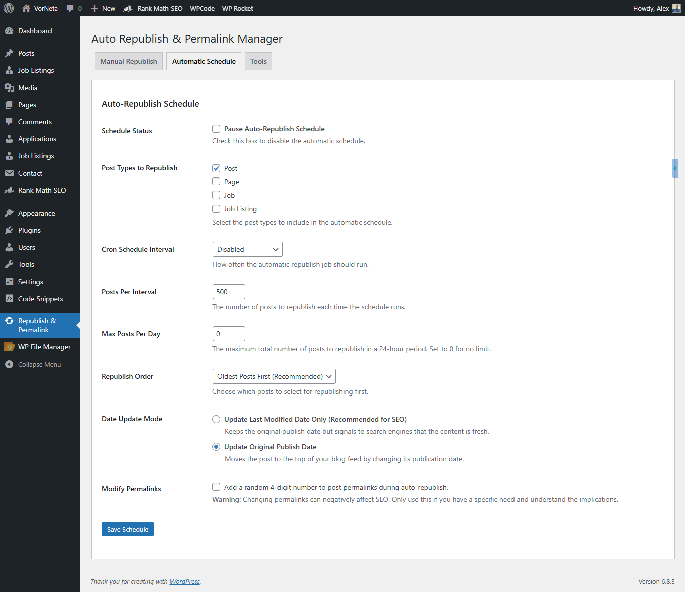 Powerful Automatic Scheduling: Full control over your content refresh strategy, including post types, interval, order, and the SEO-friendly date mode.