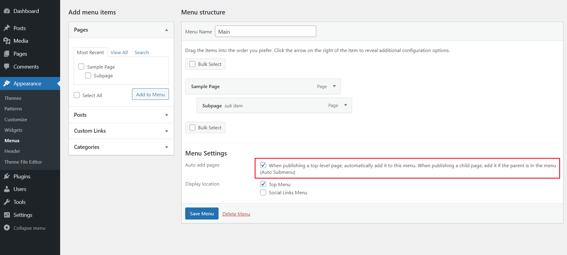 Go to Appearance > Menu to automatically add top level and all its child pages to the menu when publishing a page.