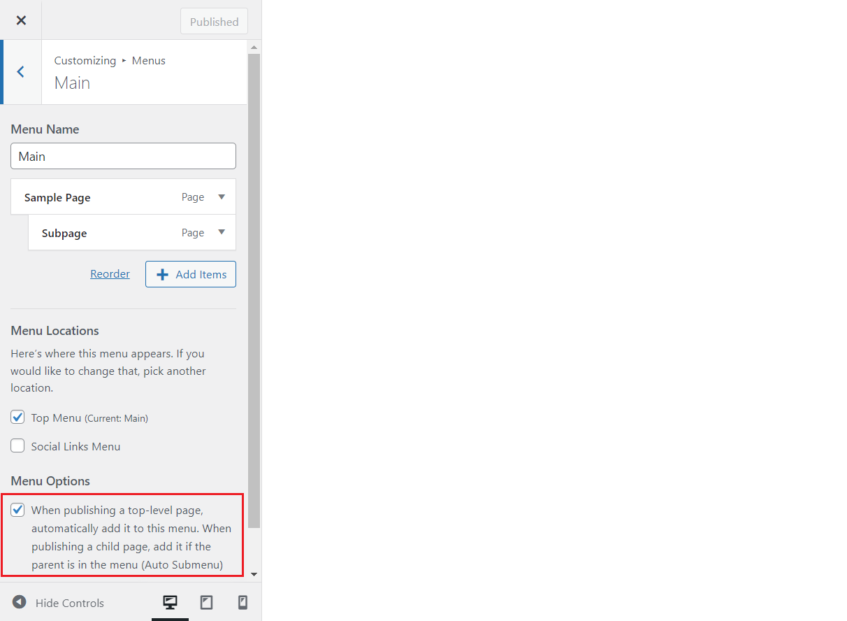 Go to Appearance > Customize to automatically add top level and all its child pages to the menu when publishing a page.