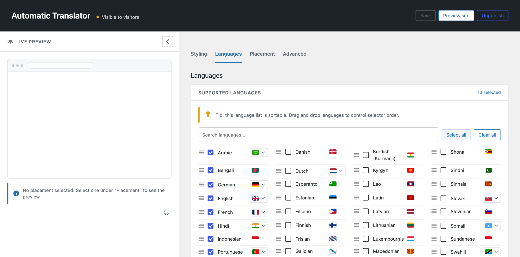 Language settings for supported languages, ordering, and regional flag choices.