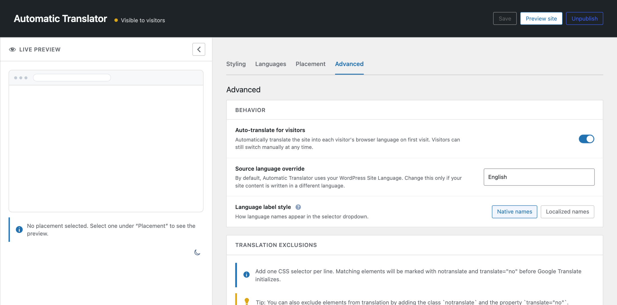 Advanced settings: auto-translate behavior, source-language override, label style, and translation exclusions.