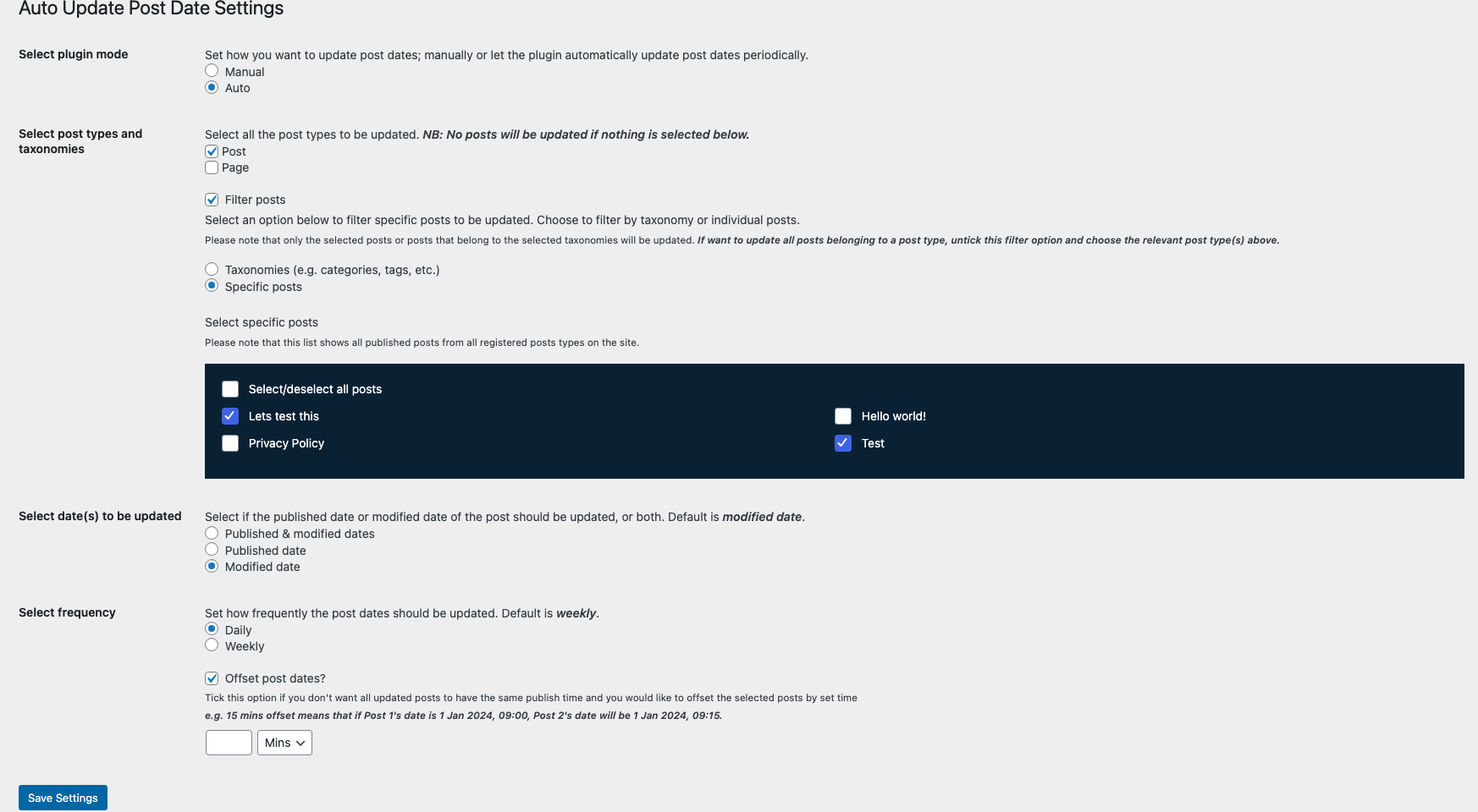 Plugin settings page - auto mode