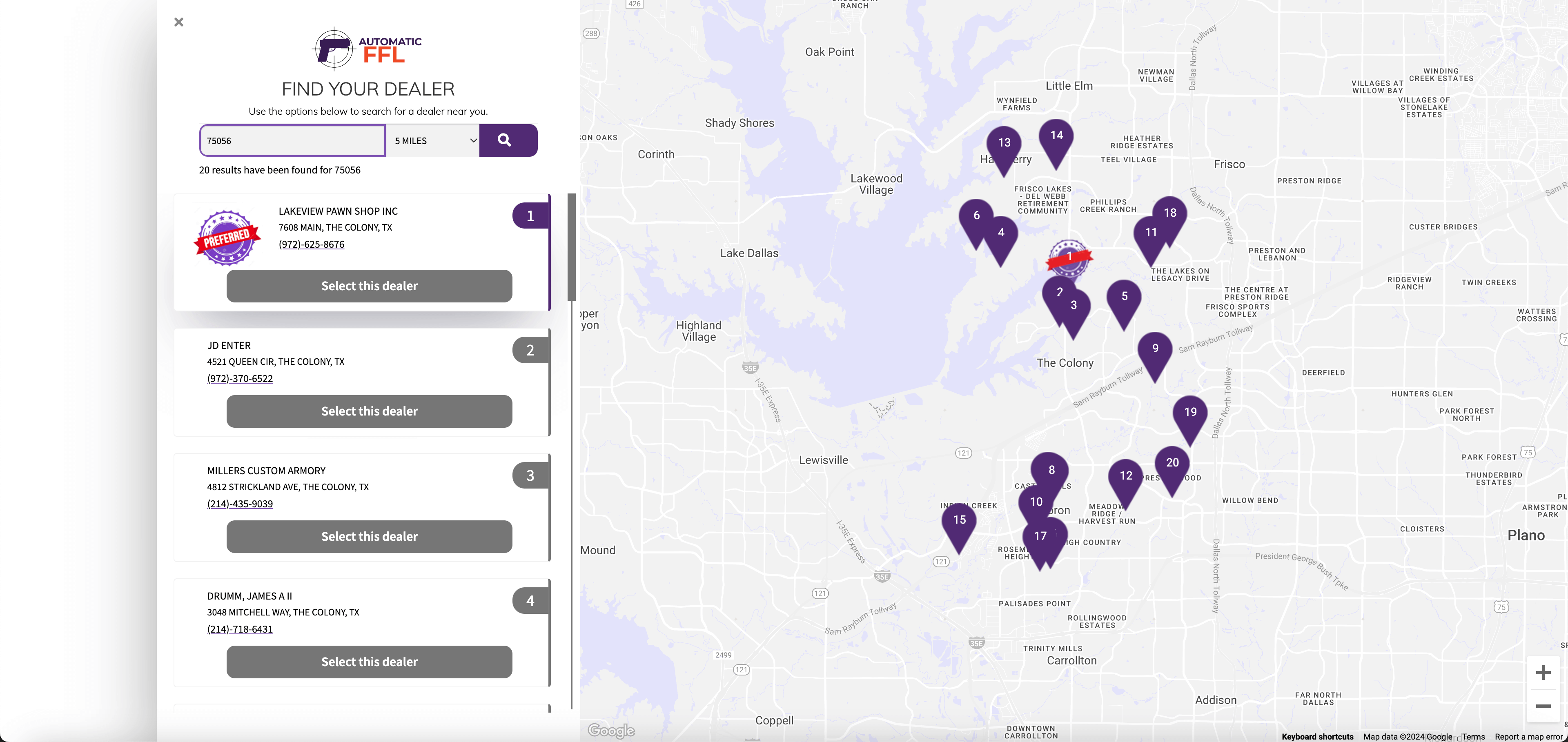 Automatic FFL Locator map.