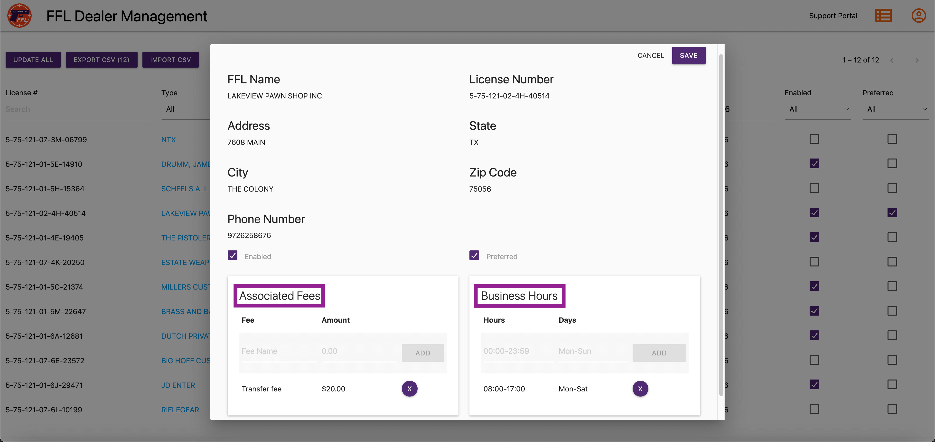 FFL Fees and Business Hours config.