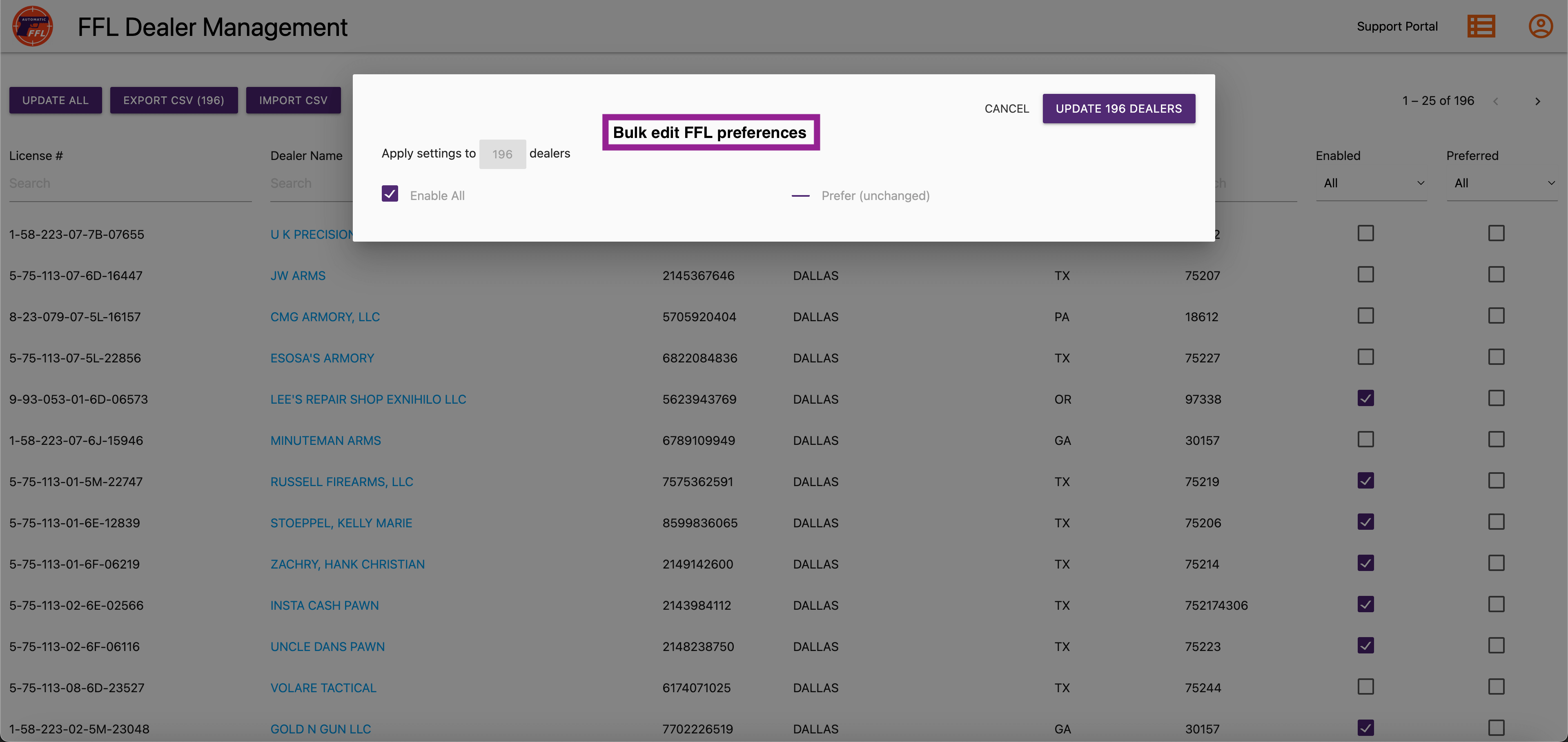 Bulk enable/prefer FFL locations.