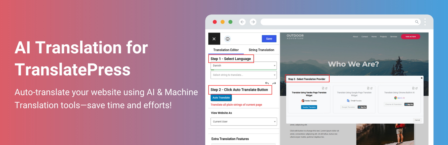 WordPress 外掛 AI Translation for TranslatePress 的封面圖片。
