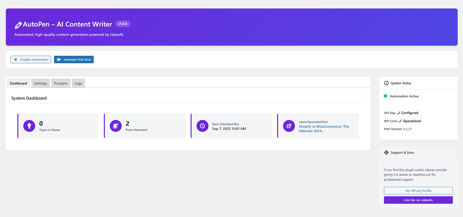 Dashboard View: The main dashboard showing system status, generation statistics, and quick actions.