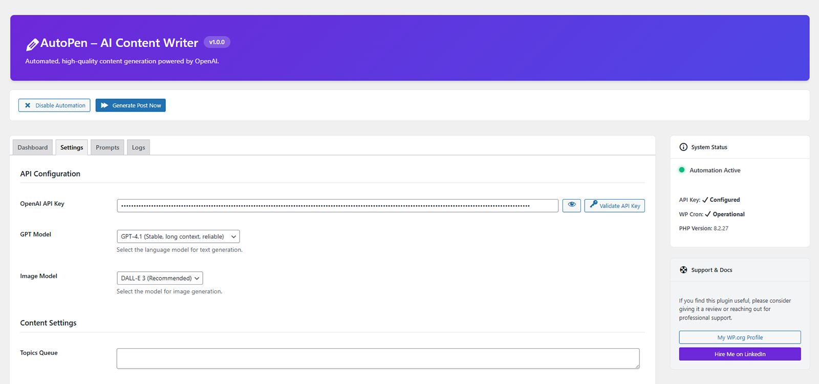 Settings Panel: Configuration options for API keys, content defaults, and automation frequency.
