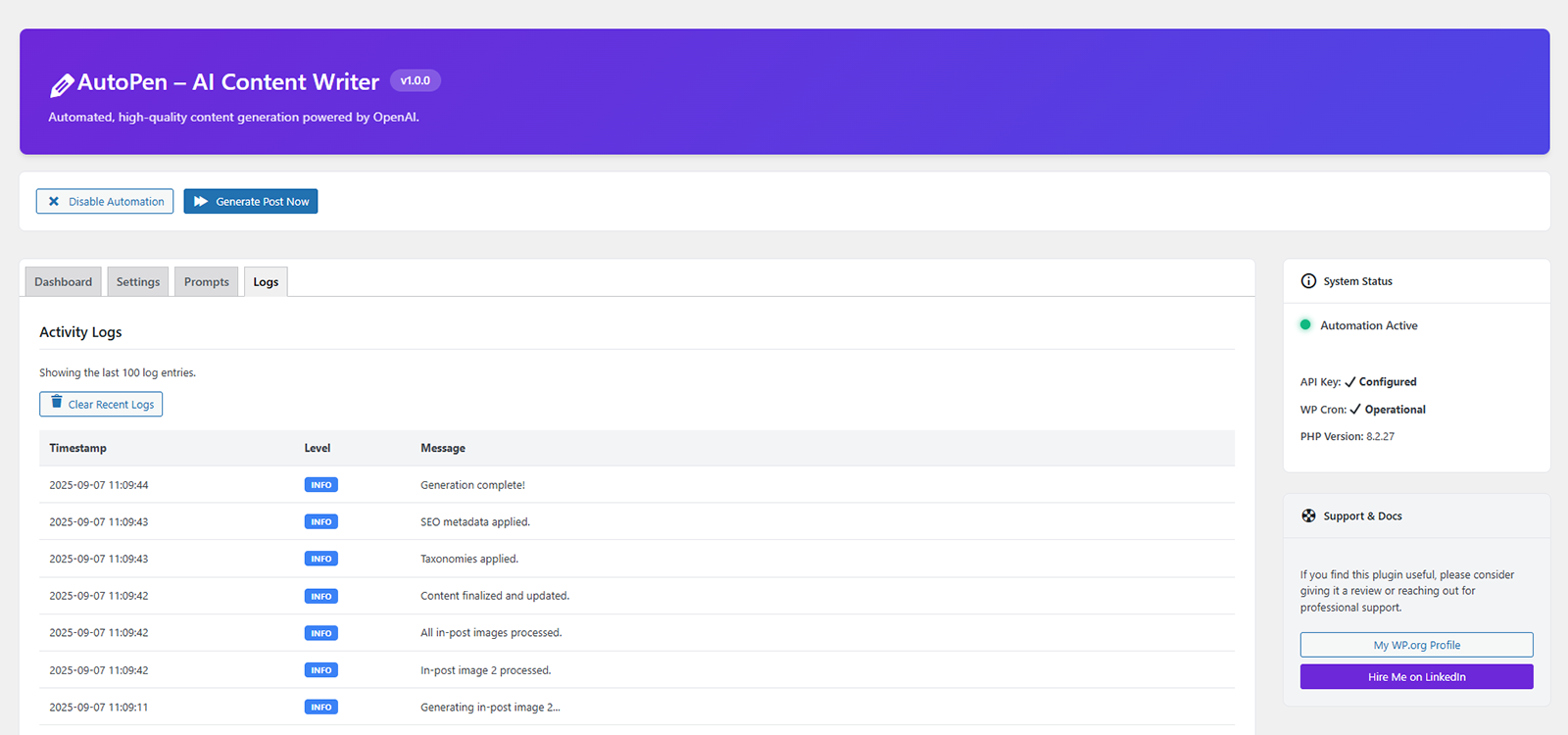 Logs Viewer: The activity log for monitoring generation tasks and debugging issues.