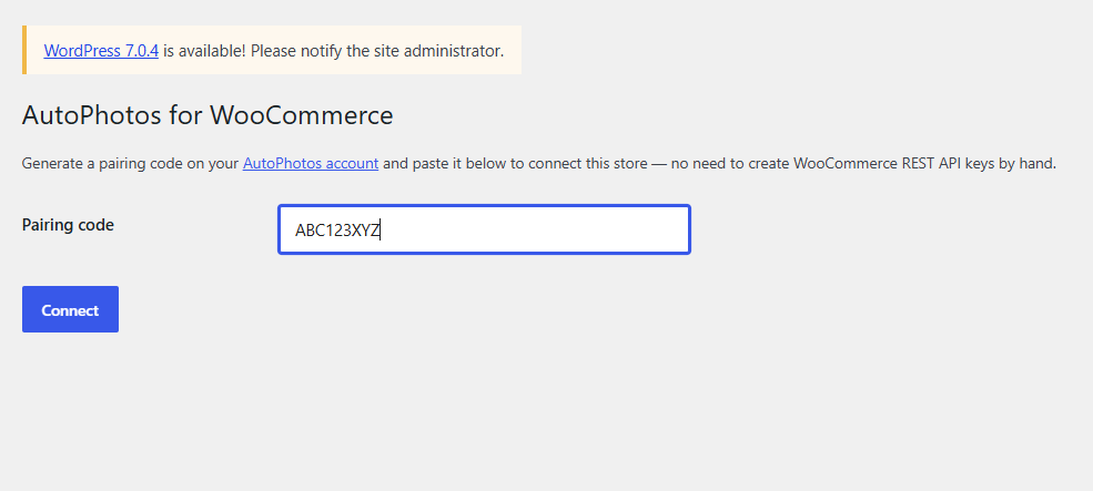 Paste the pairing code you generated on your AutoPhotos account.