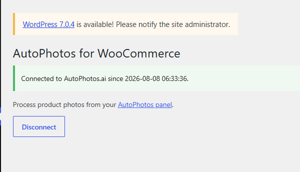 Once connected, process product photos from your AutoPhotos panel — or disconnect any time.