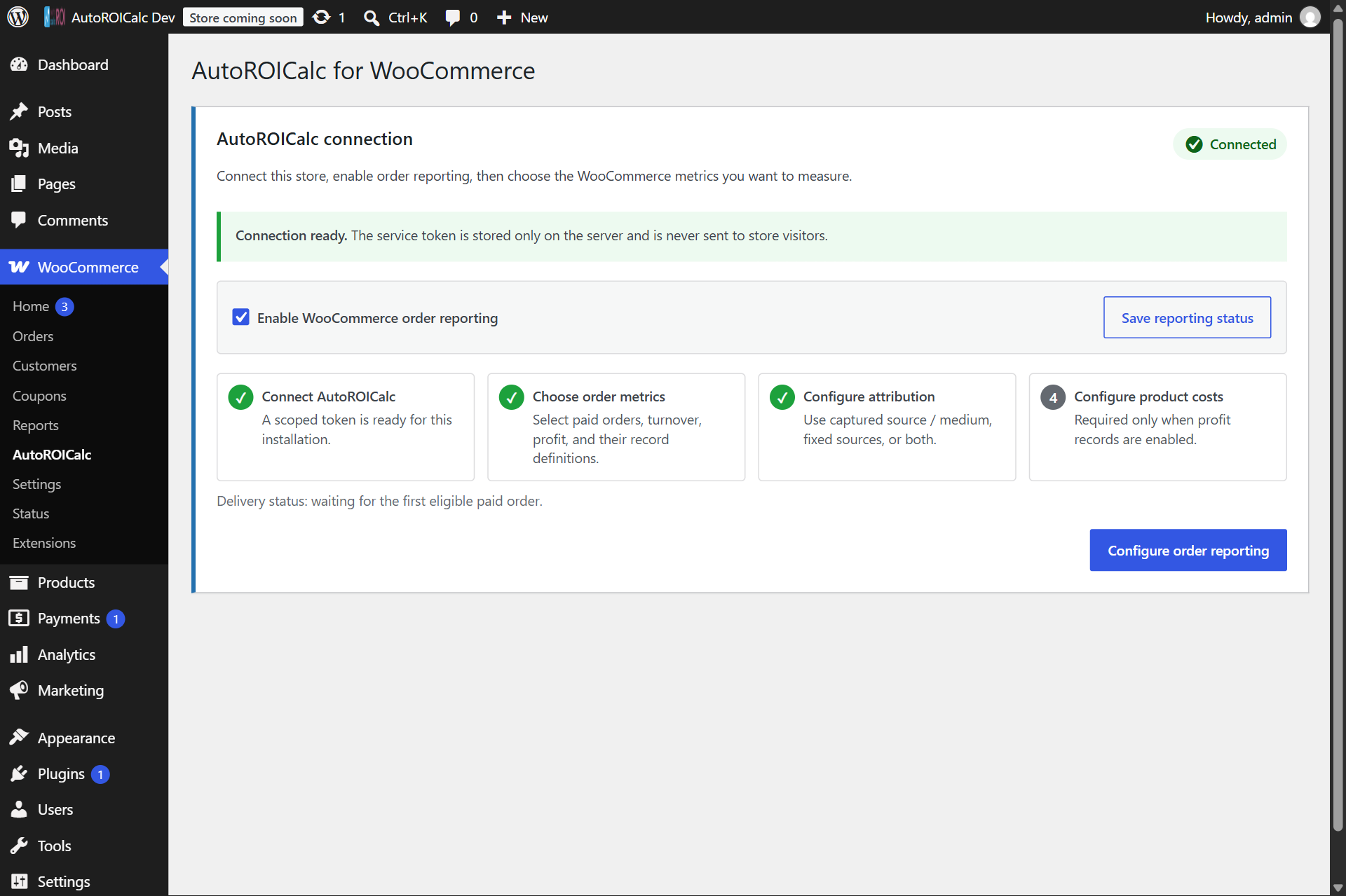 Connect an existing AutoROICalc account or create an account from the guided WooCommerce setup screen.