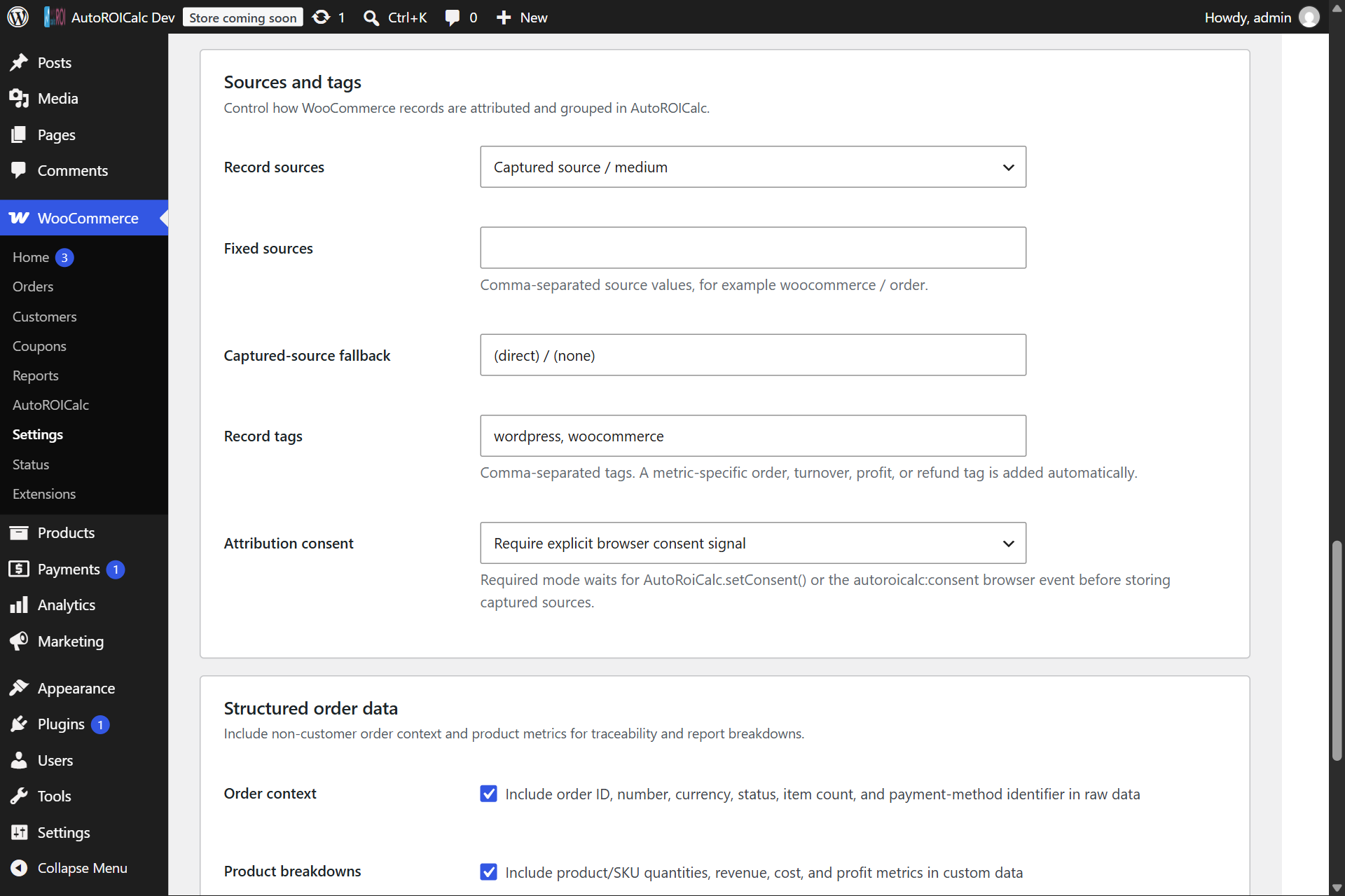 Configure marketing sources, record tags, raw order context, and structured product breakdowns.