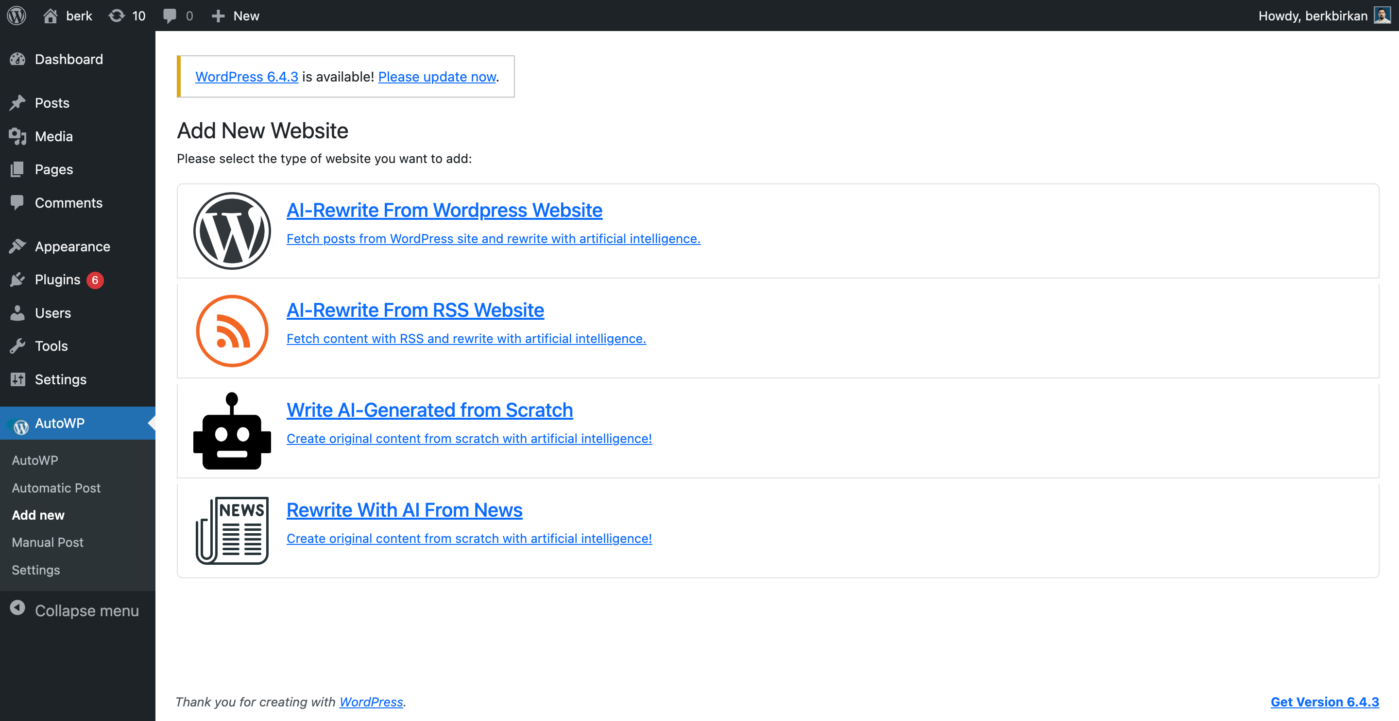 Main plugin page showing the available content generation options.